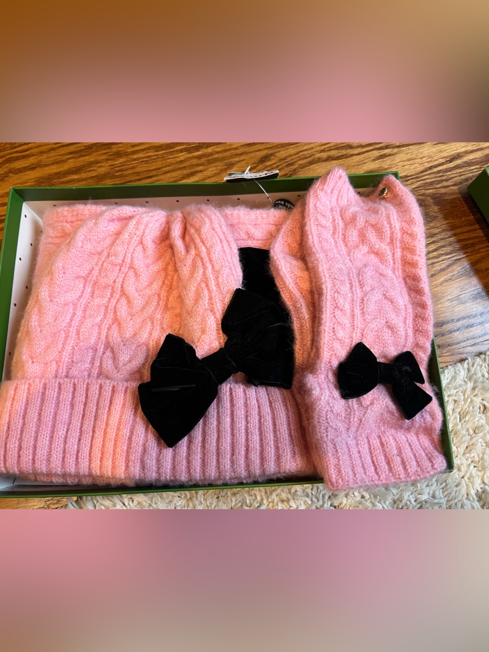 Kate Spade English Rose Cable Knit Set with Black Velvet Bows